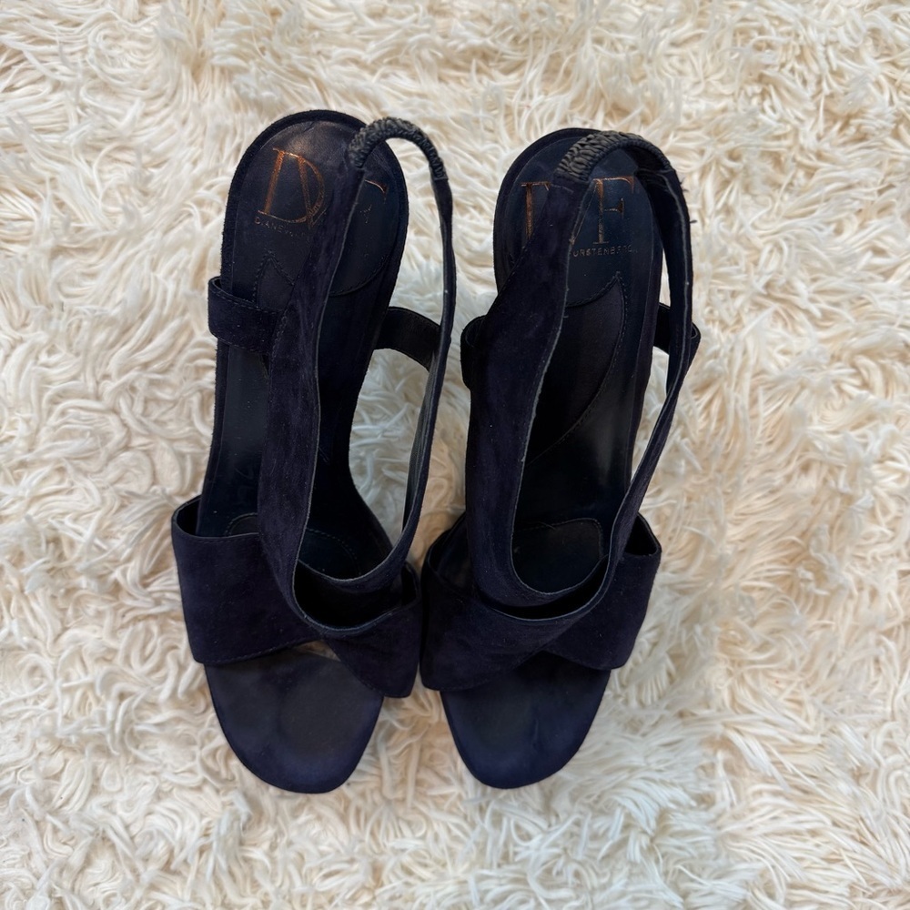 DVF Diane Von Furstenberg Zia Suede 5" Heels Platform Sandals navy blue SZ 8.5M - Picture 2 of 10